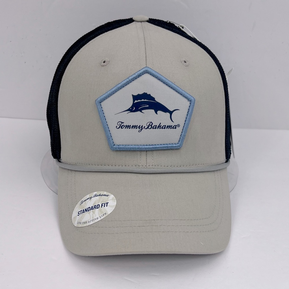 TOMMY BAHAMA CAP/HAT, MARLON FISH LOGO, BLACK COOL MESH,ADJUT STRAP, GREY COLOR